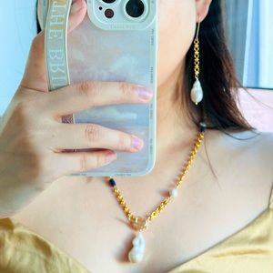 Handmade Baroque Pearl Necklace and Earring Set with Lapis Lazuli - Gold-Plated